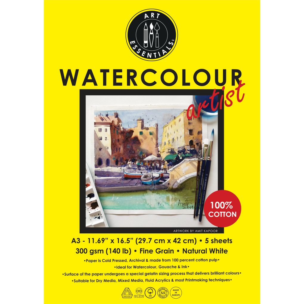 Art Essentials Watercolour Artist A3 (29.7 cm x 42 cm) Natural White Fine Grain / Cold Press 300 GSM 100% Cotton Paper, Polypack of 5 Sheets