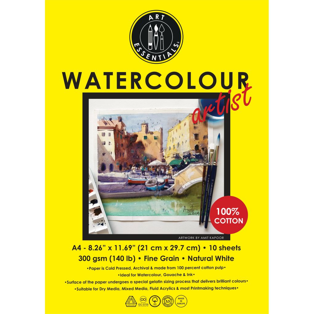 Art Essentials Watercolour Artist A4 (21 cm x 29.7 cm) Natural White Fine Grain / Cold Press 300 GSM 100% Cotton Paper, Polypack of 10 Sheets