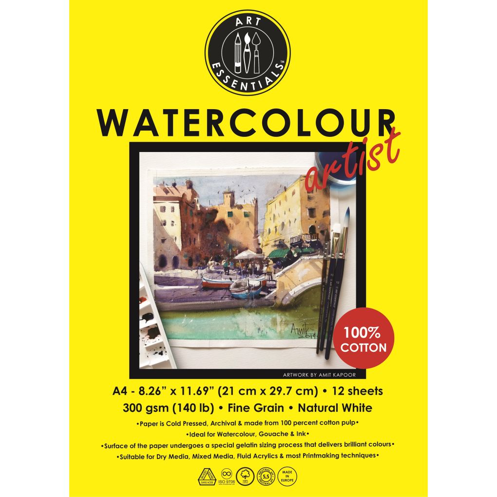 Art Essentials Watercolour Artist A4 (21 cm x 29.7 cm) Natural White Fine Grain / Cold Press 300 GSM Paper Short- Side Glued, Pad of 12 Sheets