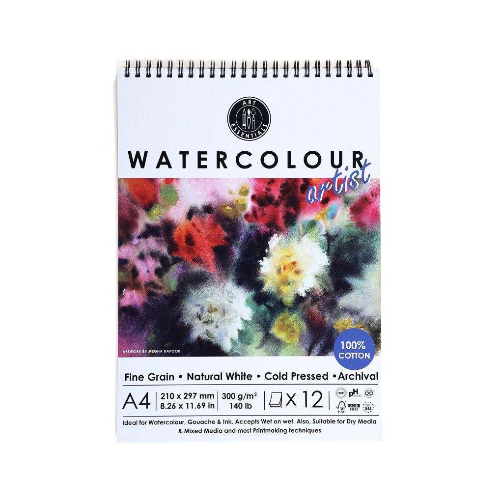 Art Essentials Watercolour Artist A4 (21 cm x 29.7 cm) Natural White Fine Grain / Cold Press 300 GSM Paper Short- Side Glued, Spiral Pad of 12 Sheets