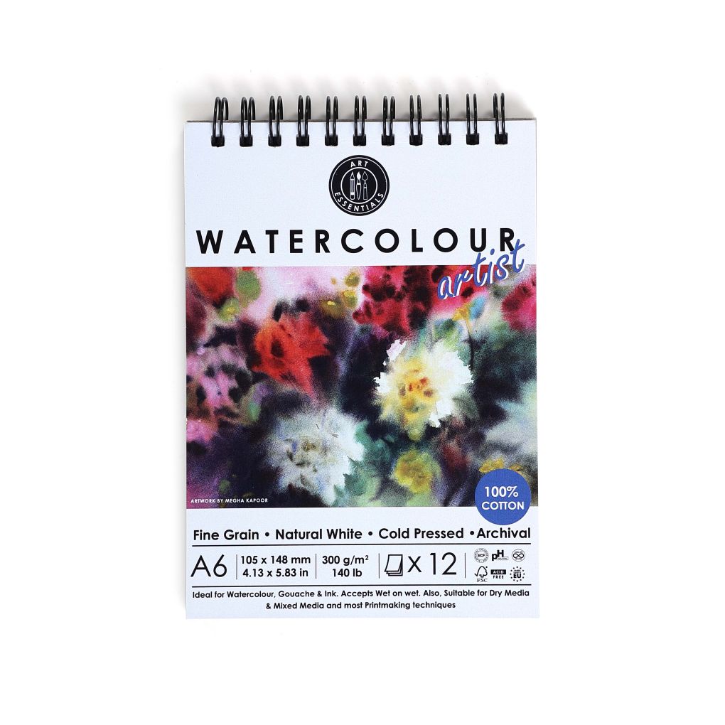 Art Essentials Watercolour Artist A6 (10.5 cm x 14.8 cm) Natural White Fine Grain / Cold Press 300 GSM Paper Short- Side Glued, Spiral Pad of 12 Sheets