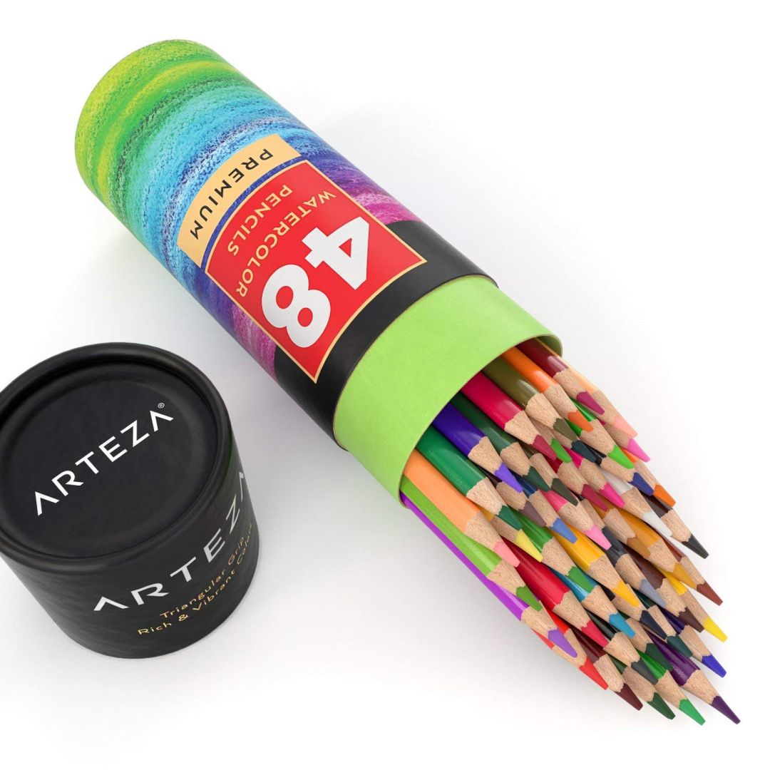 Arteza Premium Watercolours Pencils - Assorted Set of 48 - Triangular Grip - Rich & Vibrant Colours