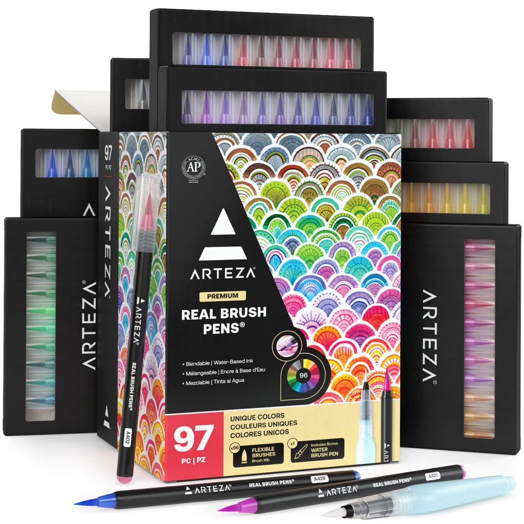 Arteza Premium Real Brush Pens - Water-Based Ink / Blendable - Assorted Set of 96