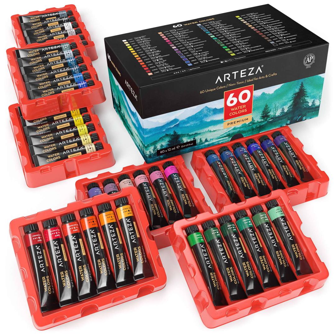 Arteza Premium Watercolours - Assorted Set of 60 x 12 ML Tubes - Non Toxic - Ideal for Art & Craft