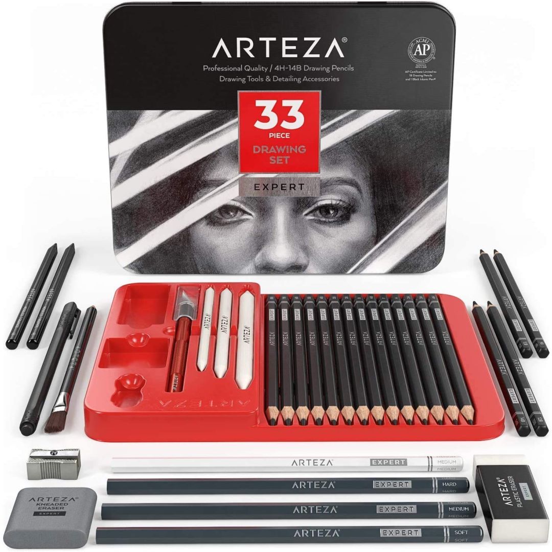 Arteza Expert Professional Quality - Drawing Tools & Detailing Accessories - Set of 33 Pieces - 4H to 14B Drawing Pencils