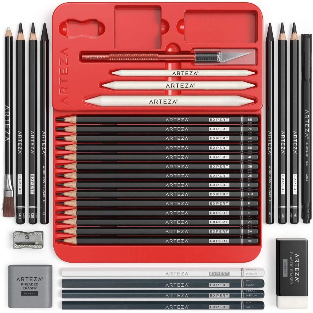 Arteza Expert Professional Quality - Drawing Tools & Detailing Accessories - Set of 33 Pieces - 4H to 14B Drawing Pencils