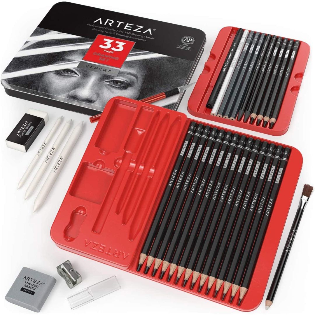 Arteza Expert Professional Quality - Drawing Tools & Detailing Accessories - Set of 33 Pieces - 4H to 14B Drawing Pencils