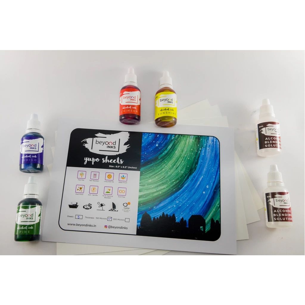 Beyond Inks - Starter Kit - 4 Alcohol Inks + 5 Sheets - A5 Size 300 GSM Yupo Paper 