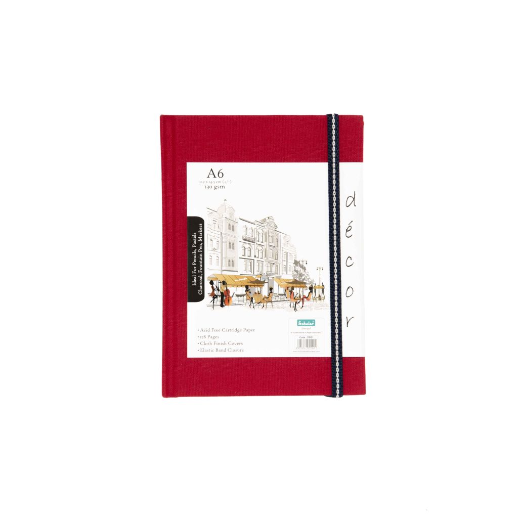 Scholar Artists' Sketch Book Décor - A6 (10.5 cm x 14.8 cm or 4.13 in x 5.8 in) Natural White Medium 150 GSM, Cloth Finish Red Cover Journal of 56 Sheets