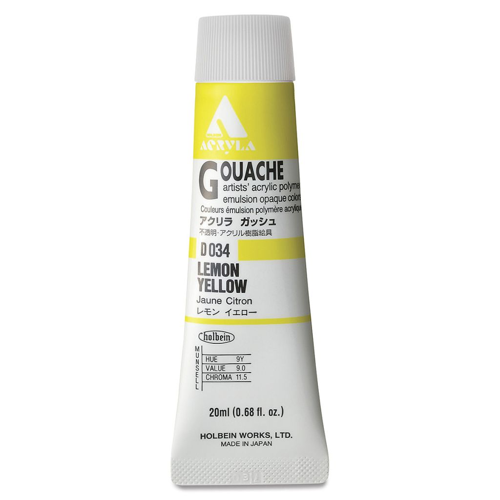 Holbein Artist Acrylic Polymer - Acryla Gouache Tube of 20 ML - Lemon Yellow (34)