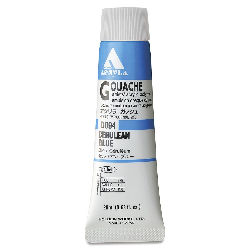 Holbein Artist Acrylic Polymer - Acryla Gouache Tube of 20 ML - Cerulean Blue (94)