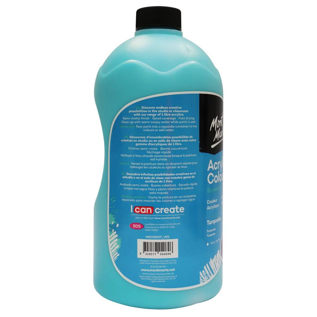 Mont Marte Signature Acrylic Paint - Can of 1000 ml (33.8 Oz) - Turquoise