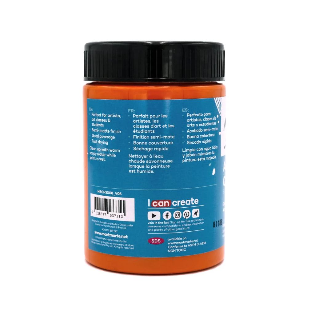 Mont Marte Signature Acrylic Paint - Jar of 300 ml (10.5 Oz) - Orange