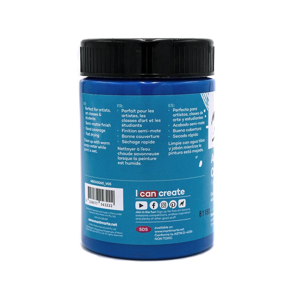 Mont Marte Signature Acrylic Paint - Jar of 300 ml (10.5 Oz) - Deep Cyan