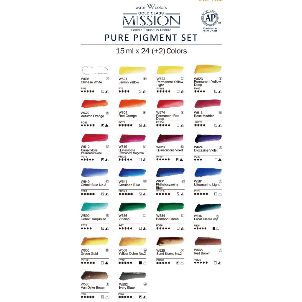 Mijello Mission Gold Class Pure Pigment Professional Grade Extra-Fine Watercolour - Set of 24 X 15 ml Tubes