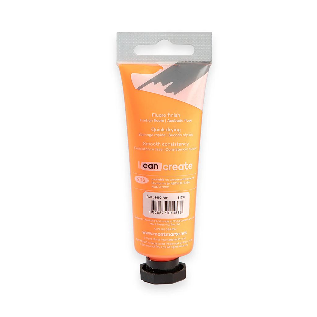 Mont Marte Premium Acrylic Paint - Tube of 50 ml (1.7 Oz) - Fluorescent Orange