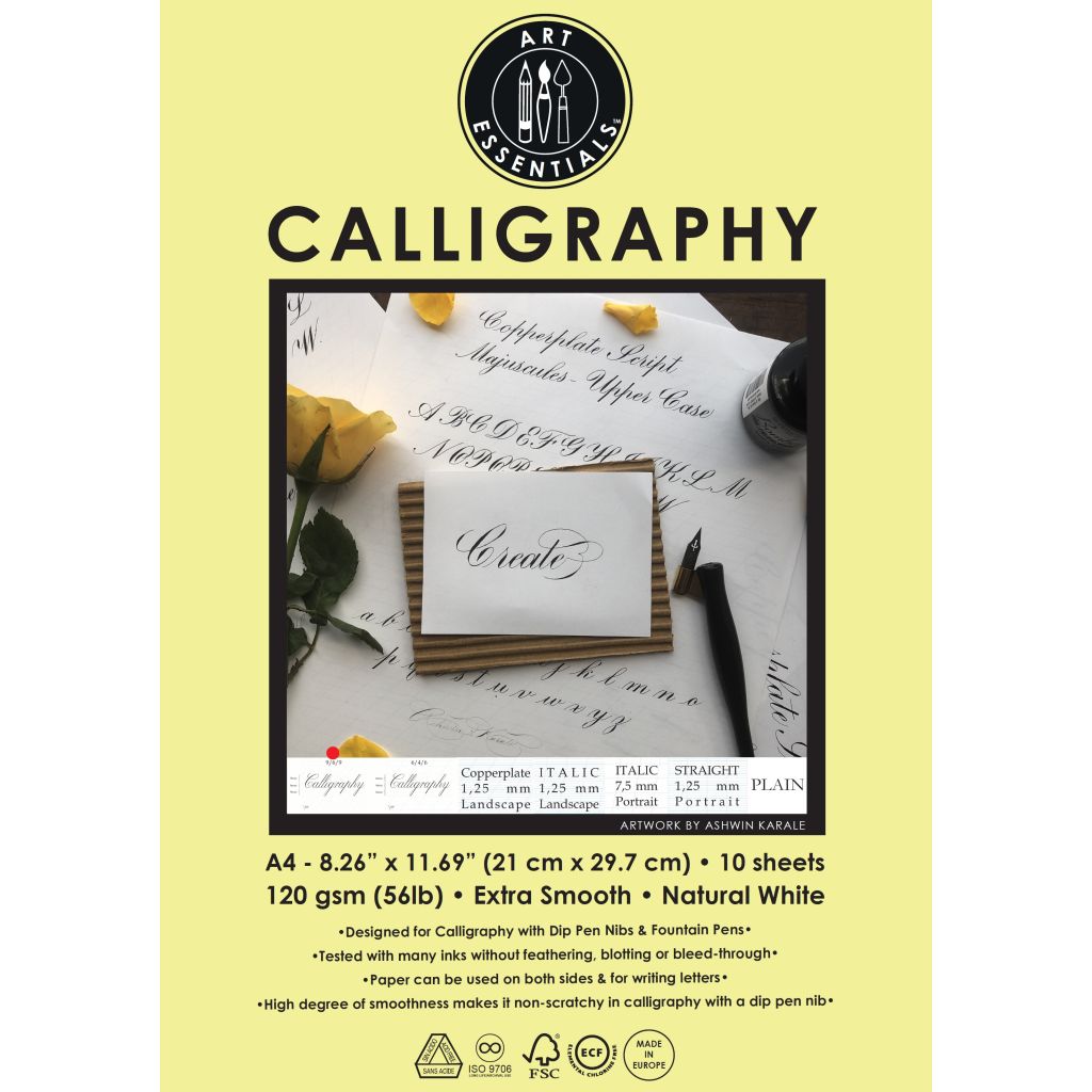 Art Essentials Calligraphy - 9/6/9 Copperplate, Spencerian Portrait - A4 (21 cm x 29.7 cm) Natural White Extra Smooth 120 GSM Paper, Polypack of 10 Sheets