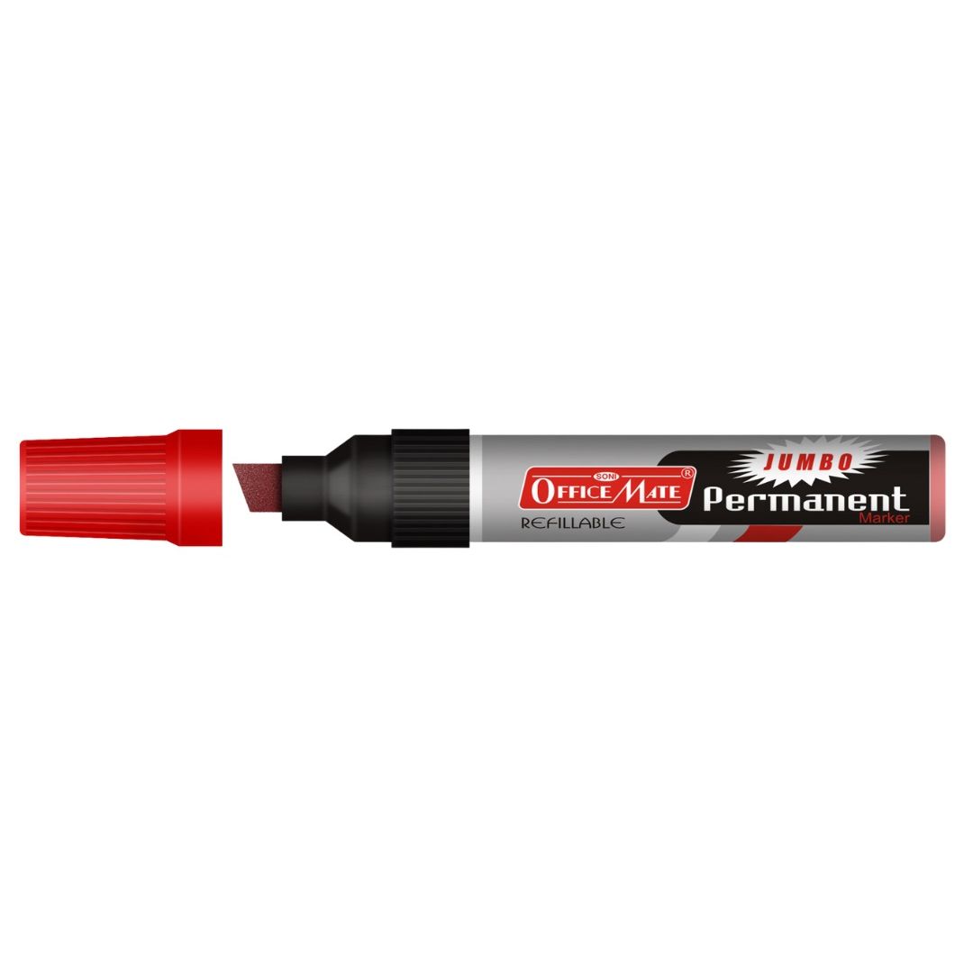 Soni Officemate Refillable - Jumbo Permanent Marker - Chisel Tip (10 MM) - Red