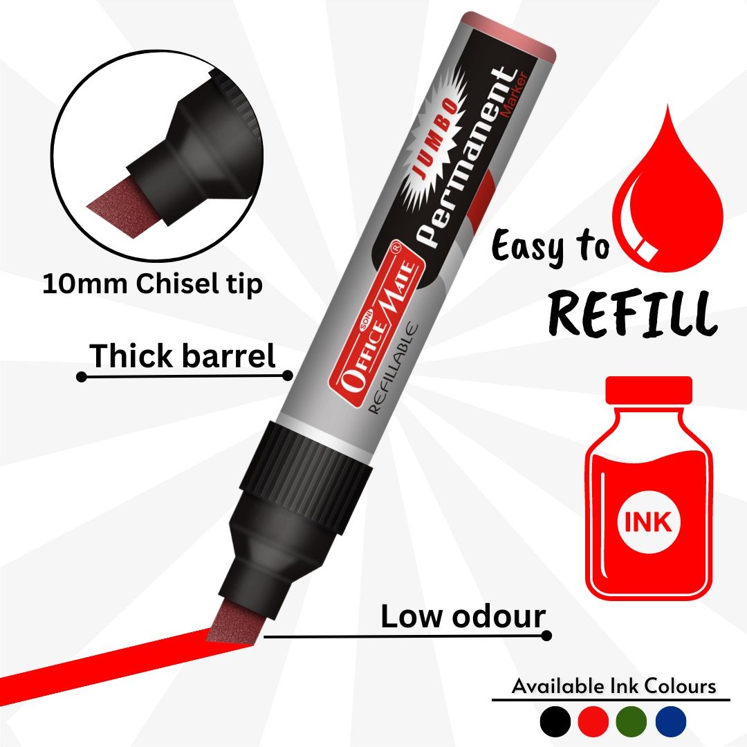 Soni Officemate Refillable - Jumbo Permanent Marker - Chisel Tip (10 MM) - Red