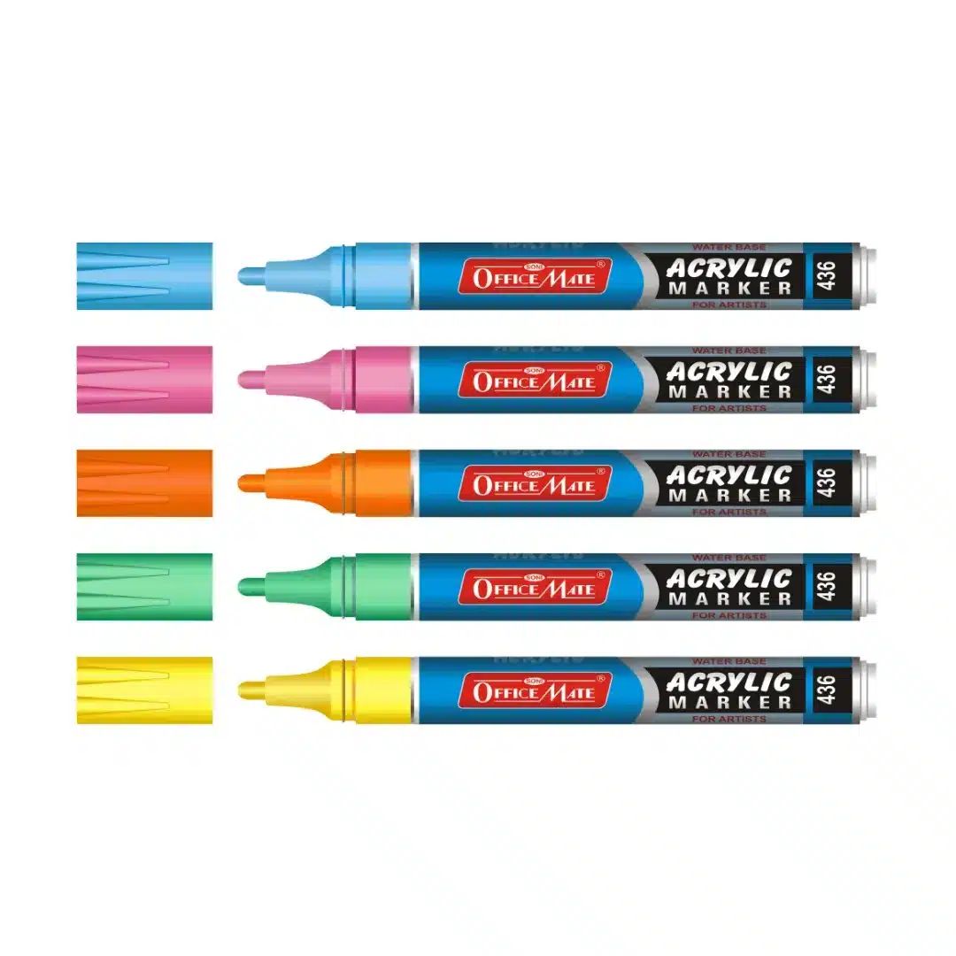 Soni Officemate Water Base Acrylic Regular Tip Marker - Pack of 5 (Fluorescent Colours)