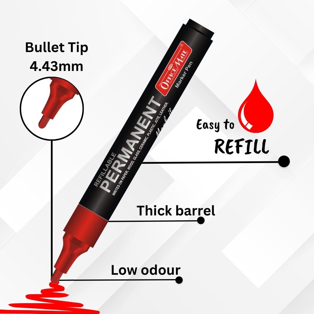 Soni Officemate Refillable - Permanent Marker - Bullet Tip (4.43 MM) - Red