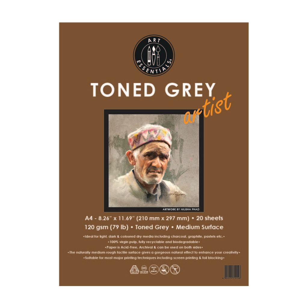 Art Essentials Toned Grey Artist Sketching Paper - Medium Surface 120 GSM - A4 - Polypack of 10 Sheets