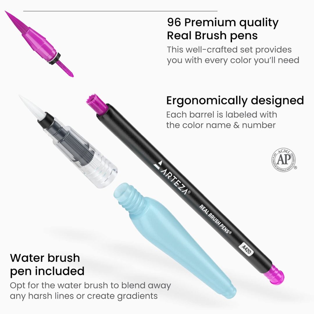 Arteza Premium Real Brush Pens - Water-Based Ink / Blendable - Assorted Set of 96