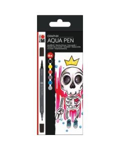 Marabu Aqua Pen Graphix Watercolour Felt Tip Pen - Dual Tip (Fine + Brush) - Set of 6 - King of Bubblegum