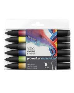 Winsor & Newton Promarker Watercolour Marker - Twin Tip (Brush + fine) - Basic Tones Set of 6