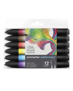 Winsor & Newton Promarker Watercolour Marker - Twin Tip (Brush + fine) - Basic Tones Set of 12