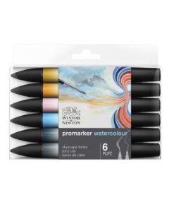 Winsor & Newton Promarker Watercolour Marker - Twin Tip (Brush + fine) - Sky Tones Set of 6