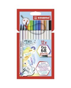 STABILO Pen 68 - Premium Felt-Tip Brush Pen - Cardboard Wallet of 12 Assorted Colours