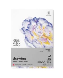 Winsor & Newton Drawing Paper - Smooth Grain 220 GSM - A5 (14.8 cm x 21 cm or 5.8'' x 8.3'') Natural White Short Side Glued Pad of 25 Sheets