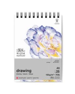 Winsor & Newton Drawing Paper - Smooth Grain 150 GSM - A5 (14.8 cm x 21 cm or 5.8'' x 8.3'') Natural White Short Side Spiral Album of 25 Sheets