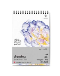 Winsor & Newton Drawing Paper - Smooth Grain 150 GSM - A4 (29.7 cm x 42 cm or 11.7'' x 16.5'') Natural White Short Side Spiral Album of 25 Sheets