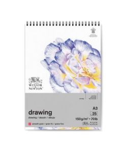 Winsor & Newton Drawing Paper - Smooth Grain 150 GSM - A3 (21 cm x 29.7 cm or 8.3'' x 11.7'') Natural White Short Side Spiral Album of 25 Sheets