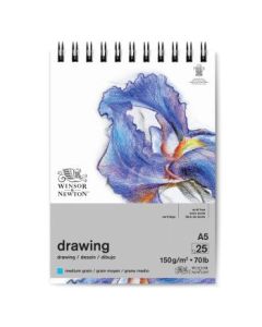 Winsor & Newton Drawing Paper - Medium Grain 150 GSM - A5 (14.8 cm x 21 cm or 5.8'' x 8.3'') Natural White Short Side Spiral Album of 25 Sheets