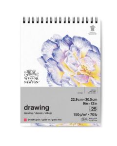 Winsor & Newton Drawing Paper - Smooth Grain 150 GSM - 22.9 cm x 30.5 cm or 9'' x 12'' Natural White Short Side Spiral Album of 25 Sheets