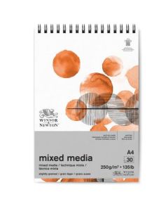 Winsor & Newton Mixed Media Paper - Fine Grain 250 GSM - A4 (29.7 cm x 42 cm or 11.7 in x 16.5 in) Natural White Short Side Spiral Album of 30 Sheets