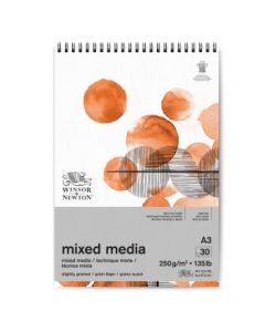 Winsor & Newton Mixed Media Paper - Fine Grain 250 GSM - A3 (21 cm x 29.7 cm or 8.3 in x 11.7 in) Natural White Short Side Spiral Album of 30 Sheets