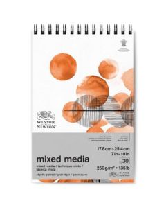 Winsor & Newton Mixed Media Paper - Fine Grain 250 GSM - 17.8 cm x 25.4 cm or 7 in x 10 in Natural White Short Side Spiral Album of 30 Sheets