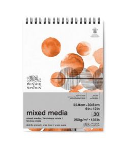 Winsor & Newton Mixed Media Paper - Fine Grain 250 GSM - 22.9 cm x 30.5 cm or 9 in x 12 in Natural White Short Side Spiral Album of 30 Sheets