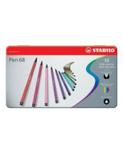 STABILO Pen 68 - Premium Colouring Felt-Tip Pen - Metal Box of 10 Assorted Colours