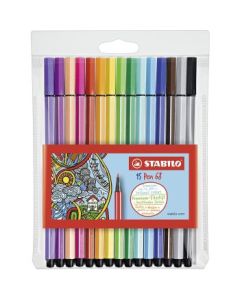 STABILO Pen 68 - Premium Colouring Felt-Tip Pen - Wallet of 15 Assorted Colours