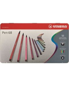 STABILO Pen 68 - Premium Colouring Felt-Tip Pen - Metal Box of 50 Assorted Colours