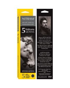 NITRAM Batons Moyens - Extra Soft - B+ - Box of 5 Extra Soft Natural Charcoal Sticks - Round - 8 mm Diameter x 15 cm