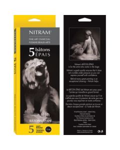 NITRAM Batons Epais - Extra Soft - B+ - Box of 5 Extra Soft Natural Charcoal Sticks - Round - 12 mm Diameter x 15 cm