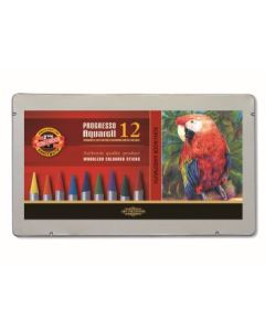 Koh-I-Noor Progresso Woodless Artist's Water Soluble Coloured Pencils - Set of 12 Assorted Colours in Tin Box