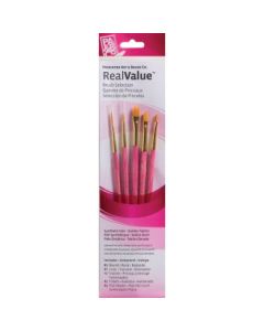 Princeton Real Value Brush Set of 5 - Synthetic Hair - Golden Taklon - Round 2, Liner 1, Grainer 1/4, Filbert 2, Flat Shader 3 - Short handle