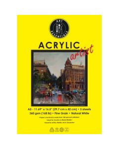 Art Essentials Arcylic Artist A3 (29.7 cm x 42 cm) Natural White Fine Grain 360 GSM 100% Cellulose Paper, Polypack of 5 Sheets